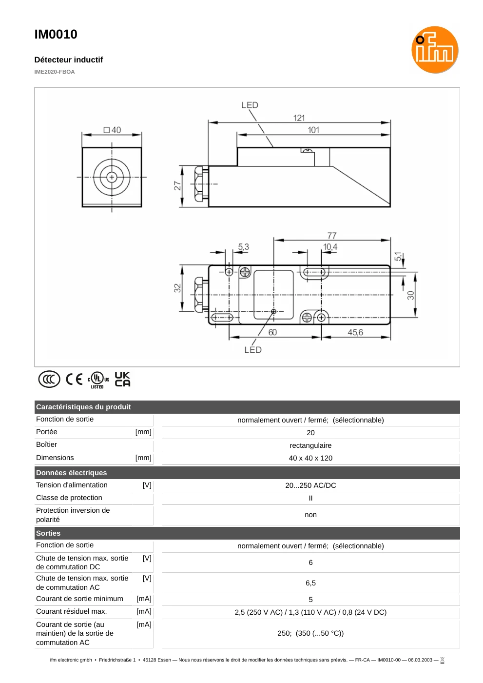 First page of the public ifm IM0010 datasheet, showing a 20 mm sensing range and a 40 × 40 × 120 mm rectangular sensor.