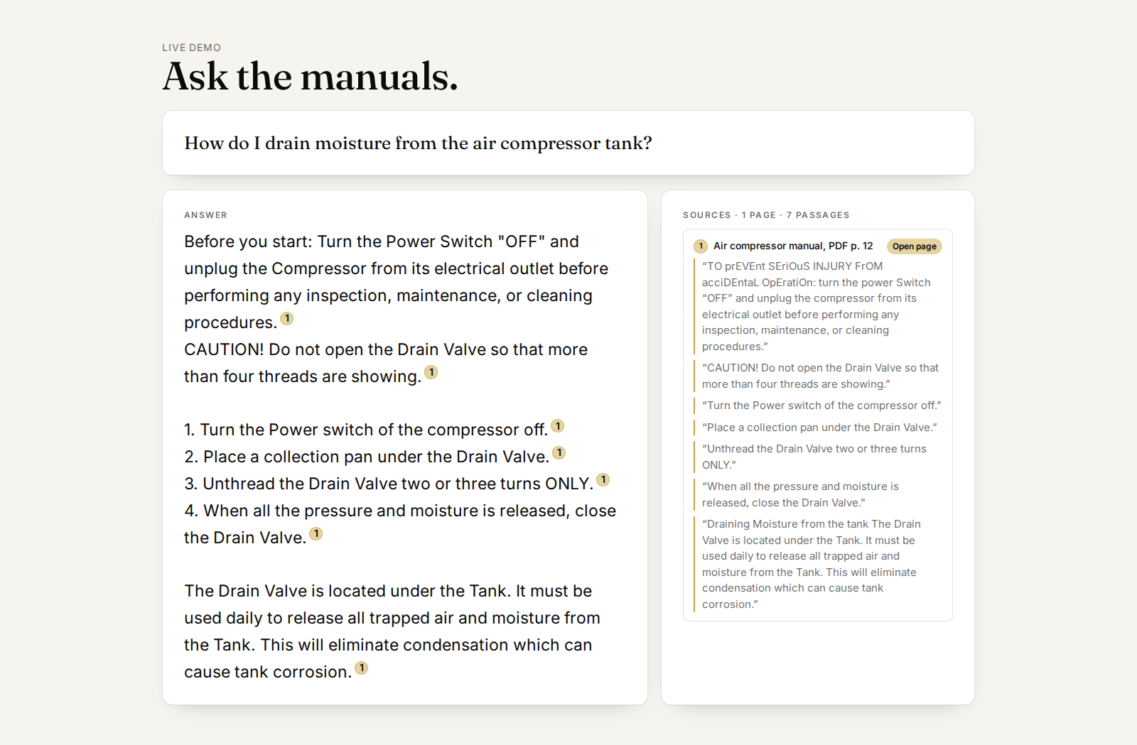 Real operator-assistant demo showing a question about draining an air compressor, an answer with safety prerequisites, and supporting passages from manual page 12.